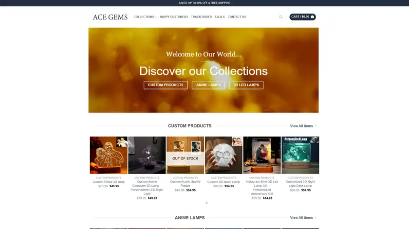 Η ιστοσελίδα Ace Gems — πλέγμα προϊόντων με τιμές
